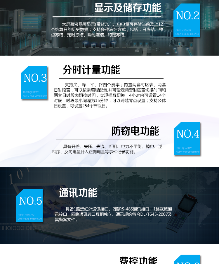 海興DTSI208三相四線電能表主要功能

　　計量功能
　　具有有功電能量、無功電能量計量功能;具有計量分相有功電能量功能。
　　分時計量功能
　　支持尖、峰、平、谷四個費率;內置兩套時區表、兩套日時段表，可以按需編程配置,并可設定兩套時區表切換時間和兩套日時段表切換時間，實現相互切換;每套費率時段可設置14個時區、8個日時段表、4個費率(尖、峰、平、谷)，每個日時段表可設置14個時段，時段可以跨越零點設置;支持公休日設置，可設置254個節假日。
　　測量功能
　　能測量電壓、電流、有功功率、無功功率、視在功率以及功率因數等電網參數，并具有最大需量測量功能。測量準確度高，可以達到0.5級以內標準。
　　數據存儲功能
　　電量可存儲當前及上12個結算日的歷史數據;支持多種凍結方式，包括：日凍結、整點凍結、定時凍結、瞬時凍結、約定凍結。
　　事件記錄功能
　　分別記錄最近10次掉電、編程、校時、開表蓋、跳閘、合閘、事件清零、電表清零。
　　通信功能
　　具備1路遠紅外通訊接口、2路RS-485通訊接口、1路載波通訊接口，四路通訊端口互相獨立。通訊規約符合DL/T645-2007及其備案文件。
　　費控功能
　　內置繼電器可選配，支持遠程拉合閘控制功能，對用戶進行遠程通斷電控制。
　　用戶交互界面
　　采用大屏幕液晶顯示，提供豐富的圖形或文字提示信息;顯示內容可通過按鍵循環查詢，顯示項目可通過通信口按需配置;提供液晶背光，方便查看。支持停電喚醒功能，能通過按鍵或非接觸方式喚醒電能表，實現屏幕顯示抄讀電量和紅外通信口抄讀電量等數據。