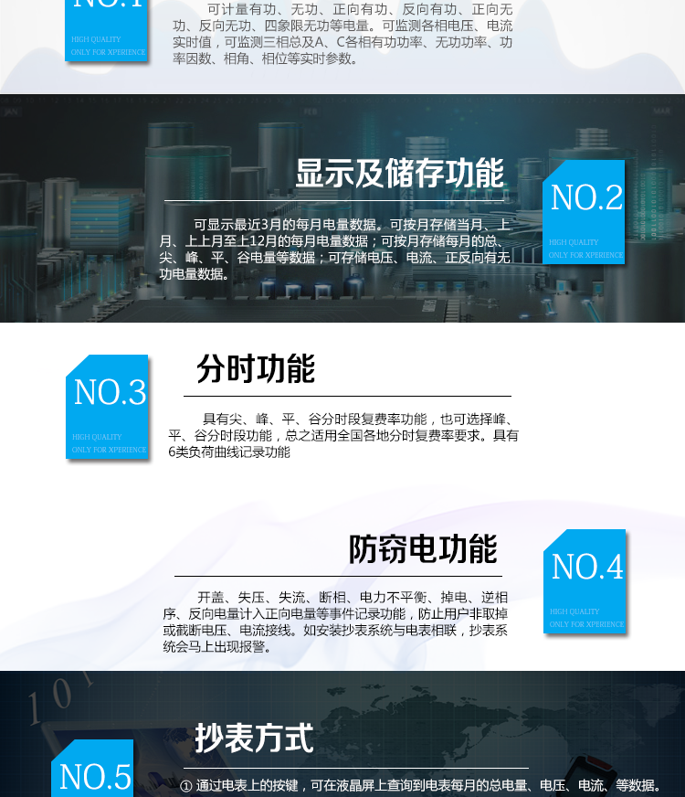 杭州百富華隆DSSD532三相三線電子式多功能電能表產品功能
　　電能計量功能
　　計量參數：可計量有功、無功、正向有功、反向有功、正向無功、反向無功、四象限無功等電量。
　　監測參數：可監測各相電壓、電流實時值，可監測三相總及A、C各相有功功率、無功功率、功率因數、相角、相位等實時參數。
　　分時功能：具有尖、峰、平、谷分時段復費率功能，也可選擇峰、平、谷分時段功能，總之適用全國各地分時復費率要求。
　　數據存儲：可按月存儲當月、上月、上上月至上12月的每月電量數據;可按月存儲每月的總、尖、峰、平、谷電量等數據;可存儲電壓、電流、正反向有無功電量數據。
　　具有6類負荷曲線記錄功能。
　　顯示功能：可顯示最近3月的每月電量數據。
　　防竊電功能
　　開蓋記錄功能，防止非法更改電路。
　　電壓合格率、失壓記錄功能，防止用戶非法取掉或截斷電壓接線，如已發生，可通過記錄的時間核算所損失的電量，為追補電量提供依據。
　　失流、斷相記錄功能，防止用戶非法短接電流接線，如已發生，可通過記錄的時間核算所損失的電量，為追補電量提供依據。
　　電流不平衡記錄：可警惕用戶在電表接線的前端截取電量。
　　掉電記錄功能，防止用戶非法取下電表的工作電源，如已發生，可通過記錄的時間核算所損失的電量，為追補電量提供依據。
　　反向電量計入正向電量，用戶如將電流線接反，電表照樣正向走字，不具有竊電作用。
　　逆相序報警，用戶非法接線，電表會報警，除非把線接正確，否則一直報警。
　　以上情況如發出，電表會出現報警標志，如安裝抄表系統與電表相聯，抄表系統會馬上出現報警。