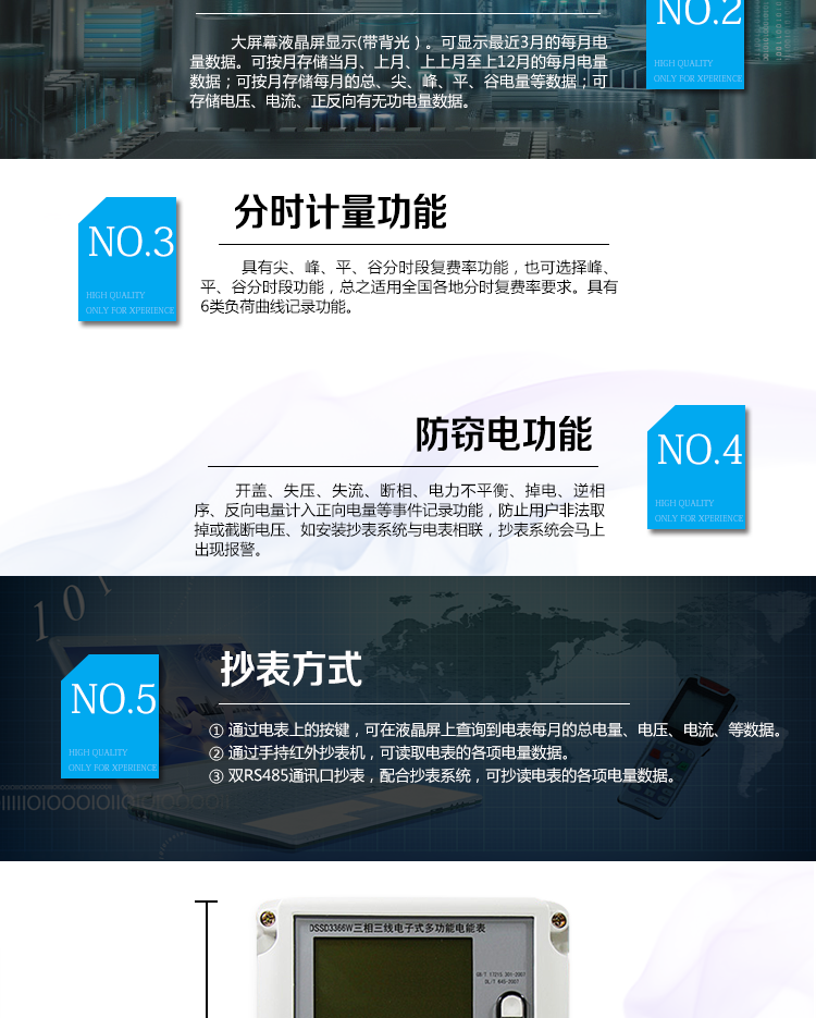 2、防竊電功能
① 開蓋記錄功能，防止非法更改電路。
② 電壓合格率、失壓記錄功能，防止用戶非法取掉或截斷電壓接線，如已發生，可通過記錄的時間核算所損失的電量，為追補電量提供依據。
③ 失流、斷相記錄功能，防止用戶非法短接電流接線，如已發生，可通過記錄的時間核算所損失的電量，為追補電量提供依據。
④ 電流不平衡記錄：可警惕用戶在電表接線的前端截取電量。
⑤ 掉電記錄功能，防止用戶非法取下電表的工作電源，如已發生，可通過記錄的時間核算所損失的電量，為追補電量提供依據。
⑥ 反向電量計入正向電量，用戶如將電流線接反，電表照樣正向走字，不具有竊電作用。
⑦ 逆相序報警，用戶非法接線，電表會報警，除非把線接正確，否則一直報警。
以上情況如發出，電表會出現報警標志，如安裝抄表系統與電表相聯，抄表系統會馬上出現報警。