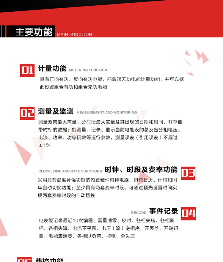 主要功能
1. 　電能計量
具有正向有功、反向有功電能、四象限無功電能計量功能，并可以據此設置組合有功和組合無功電能。
2. 　需量計量
測量雙向最大需量、分時段最大需量及其出現的日期和時間，并存儲帶時標的數據。
3. 　測量及監測
能測量、記錄、顯示當前電能表的總及各分相電壓、電流、功率、功率因數等運行參數。測量誤差（引用誤差）不超過±1%。
4. 　時鐘、時段及費率功能
采用具有溫度補償功能的內置硬件時鐘電路，具有日歷、計時和閏年自動切換功能。內部時鐘端子輸出頻率為1Hz。至少具有兩套費率時段，可通過預先設置時間實現兩套費率時段的自動切換。每套費率時段全年至少可設置2個時區，24小時內至少可以設置8個時段，時段最小間隔為15分鐘，并且時段間隔大于表內設定的需量周期值，時段可跨越零點設置。
5. 　費控功能 
電能表費控功能的實現方式通過公網等虛擬介質和遠程售電系統實現。
6. 　無線通信
通過無線通信與主站通信。支持在安全認證前提下，通過無線網絡信道修改費率時段表及電價。
7. 　事件記錄
電表能記錄最近10次編程、需量清零、校時、各相失壓、各相斷相、各相失流、電流不平衡、電壓（流）逆相序、開表蓋、開端鈕蓋、電能表清零、各相過負荷、掉電、全失壓。
8. 　凍結
具有定時凍結、瞬時凍結、約定凍結和日凍結功能。
9.　 負荷記錄
記錄正反向有功總電能、無功總電能、四象限無功總電能、組合有功、組合無功1、組合無功2，負荷記錄間隔時間可以在1～60min范圍內設置，時間間隔為1min的情況下可記錄不少于40天的數據容量。
10. 　停電抄表
在停電狀態下，能通過按鍵或非接觸方式喚醒電能表，抄讀電能量等數據。
11. 擴展功能
計量視在電能、諧波電壓、電流、電量的監測、電能質量監測和計算鐵損、銅損。 