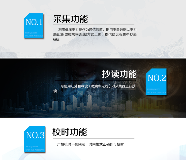 產品特點
該產品主要完成對RS485電表的電量采集，并且利用低壓電力線作為通信信道，把用電量數據以電力線載波(或微功率無線)方式上傳，提供給遠程集中抄表系統。
